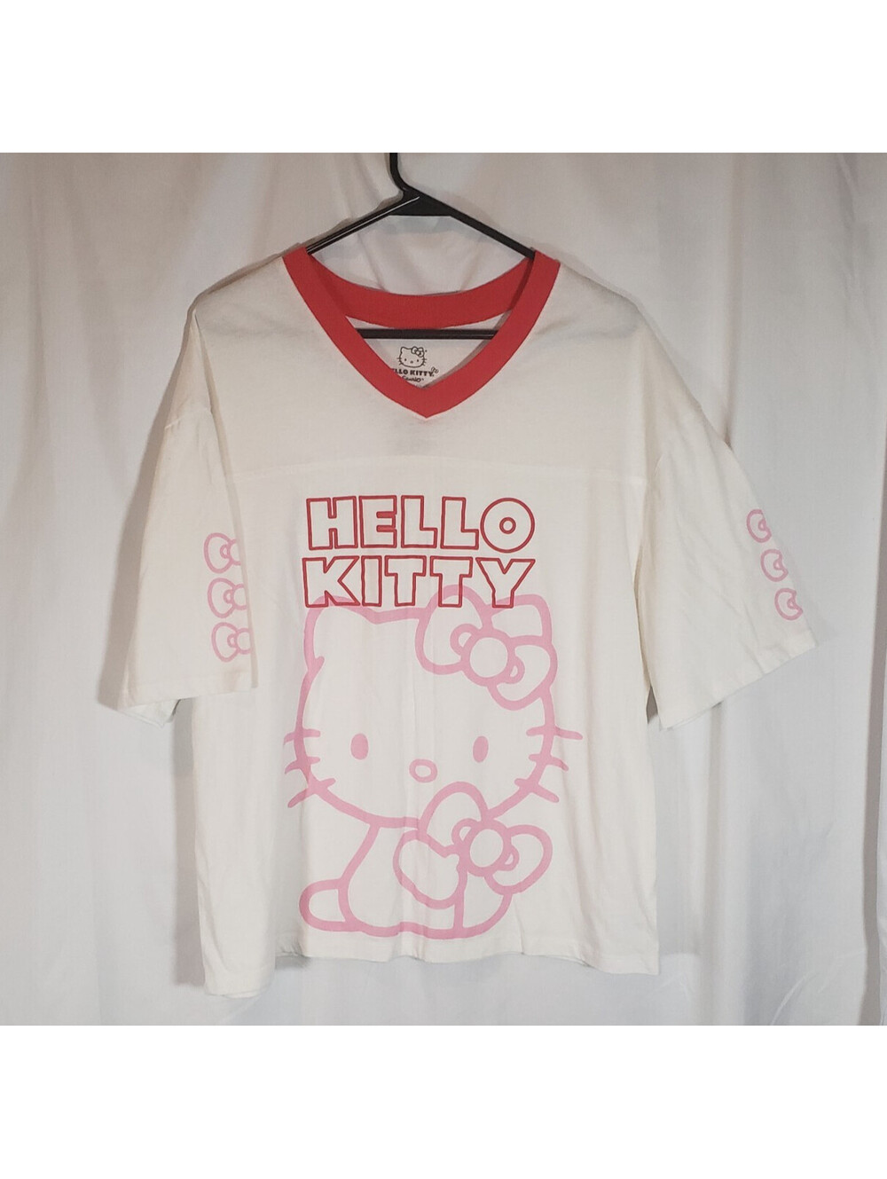Hello Kitty Sanrio Womens XL 16-18 White Pink Graphic Jersey V Neck Shirt 2025